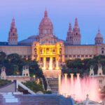 Aerial View Of Dancing Magic Fountain On Placa Espanya Square In Barcelona At Sunset, Catalonia, Spa